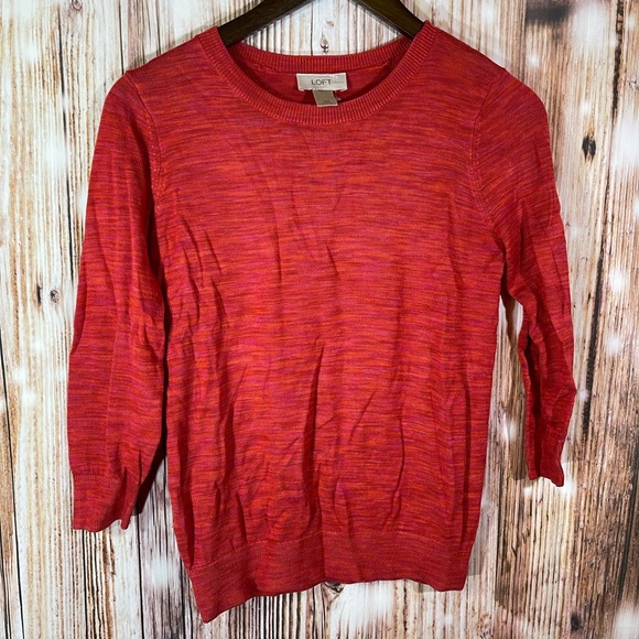 Loft Womens Red Orange Round Neck 3/4 Sleeve Knitted Pullover Sweater Size Xsp - Picture 1 of 4
